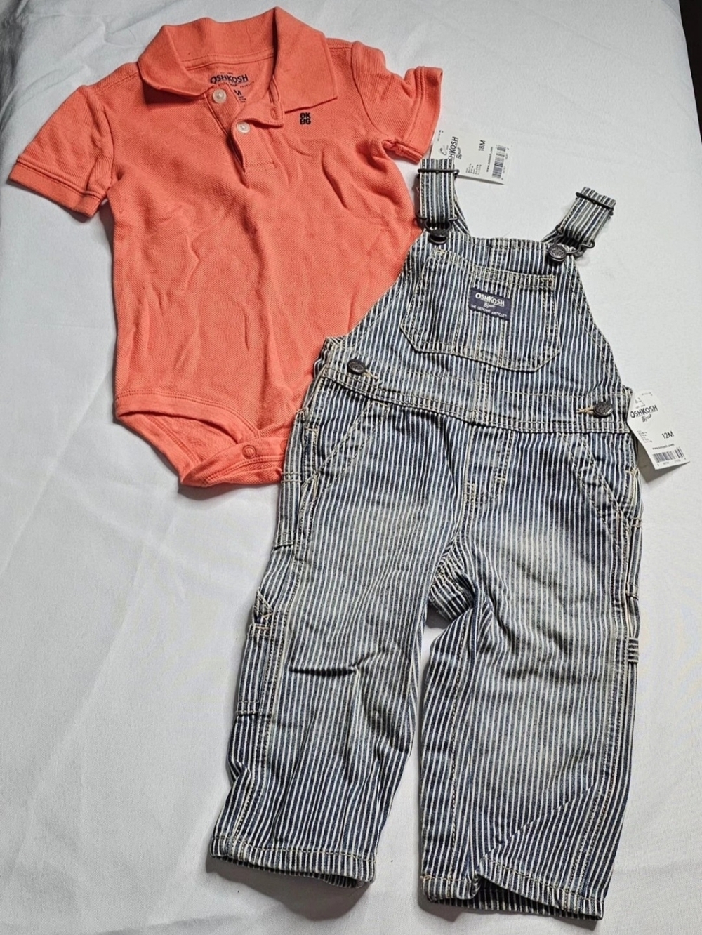 OshKosh B’gosh Baby Overalls Set 12M&18M Hickory Stripe Denim + Polo Bodysuit